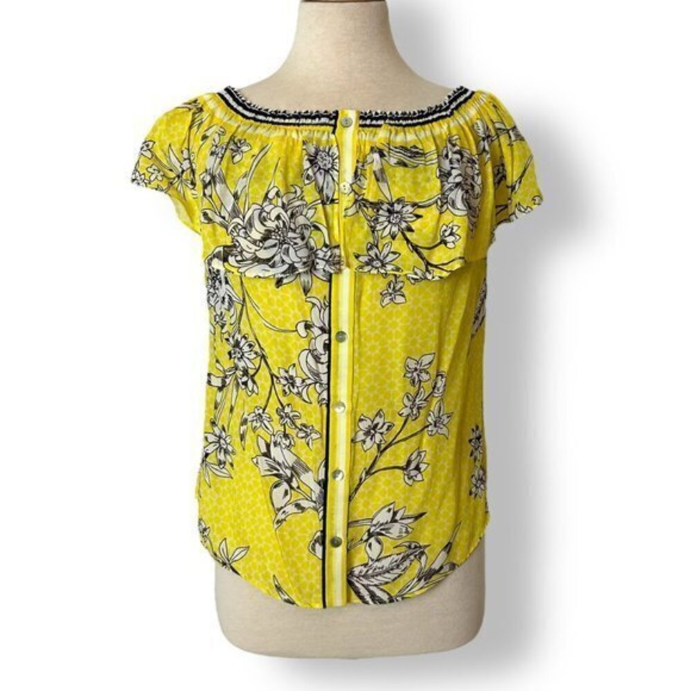 Hale Bob Sleeveless Button Up Shirt Yellow Floral Ruffle Sz XS Off Shoulder